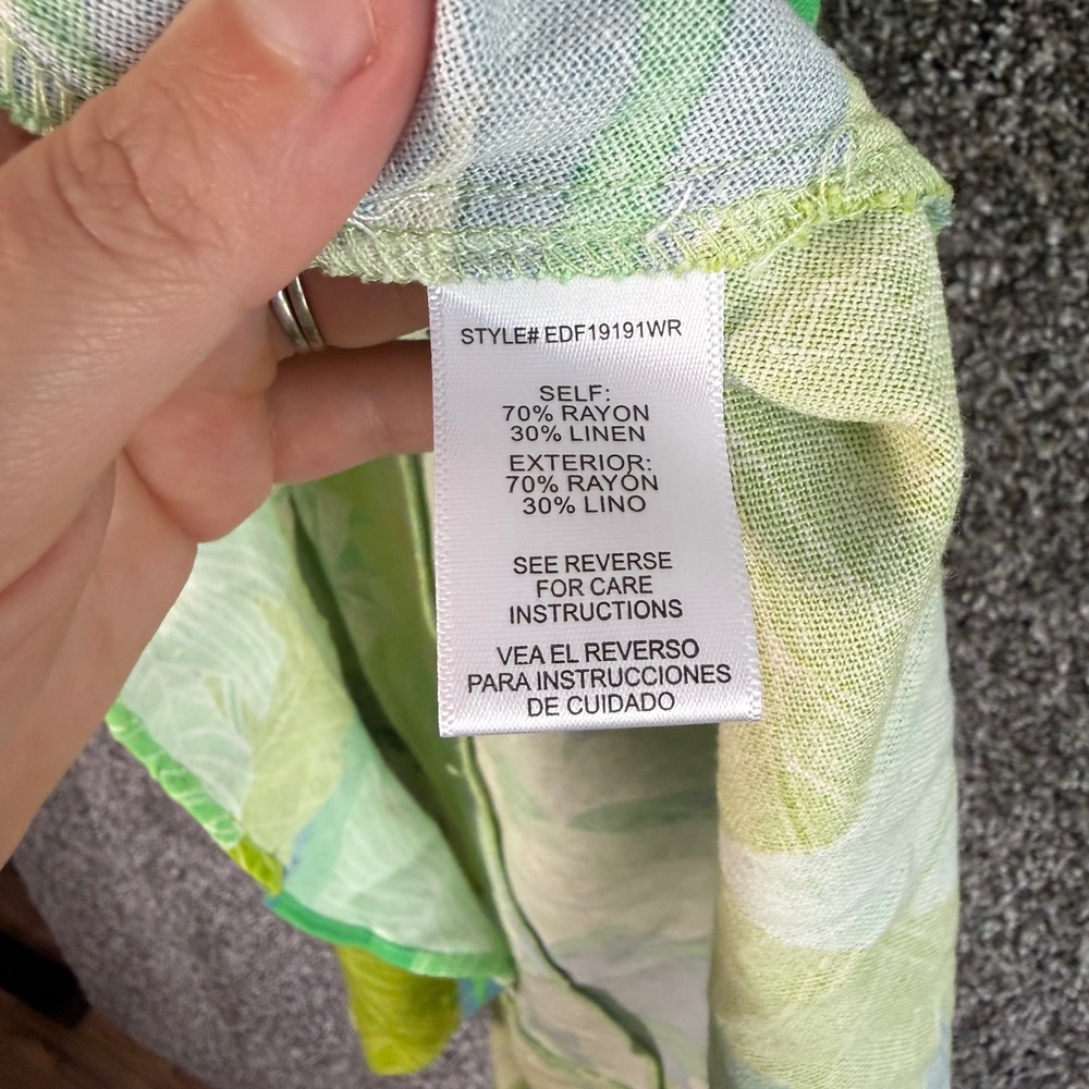 En Creme Tropical Palm Wrap Dress Green Blue Linen Large Mini Wedding Guest - Picture 6 of 12
